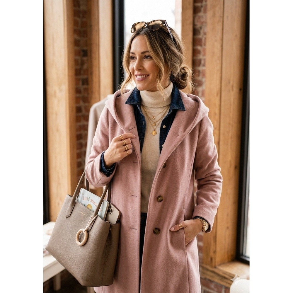 🔥COLE HAAN 🩷Signature Mauve Pink Wool Blend Hooded Walker Coat Jacket S/M